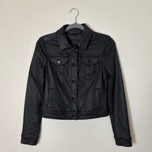 White House Black Market Women’s Size 2 Coated Black Denim Trucker Jacket Moto